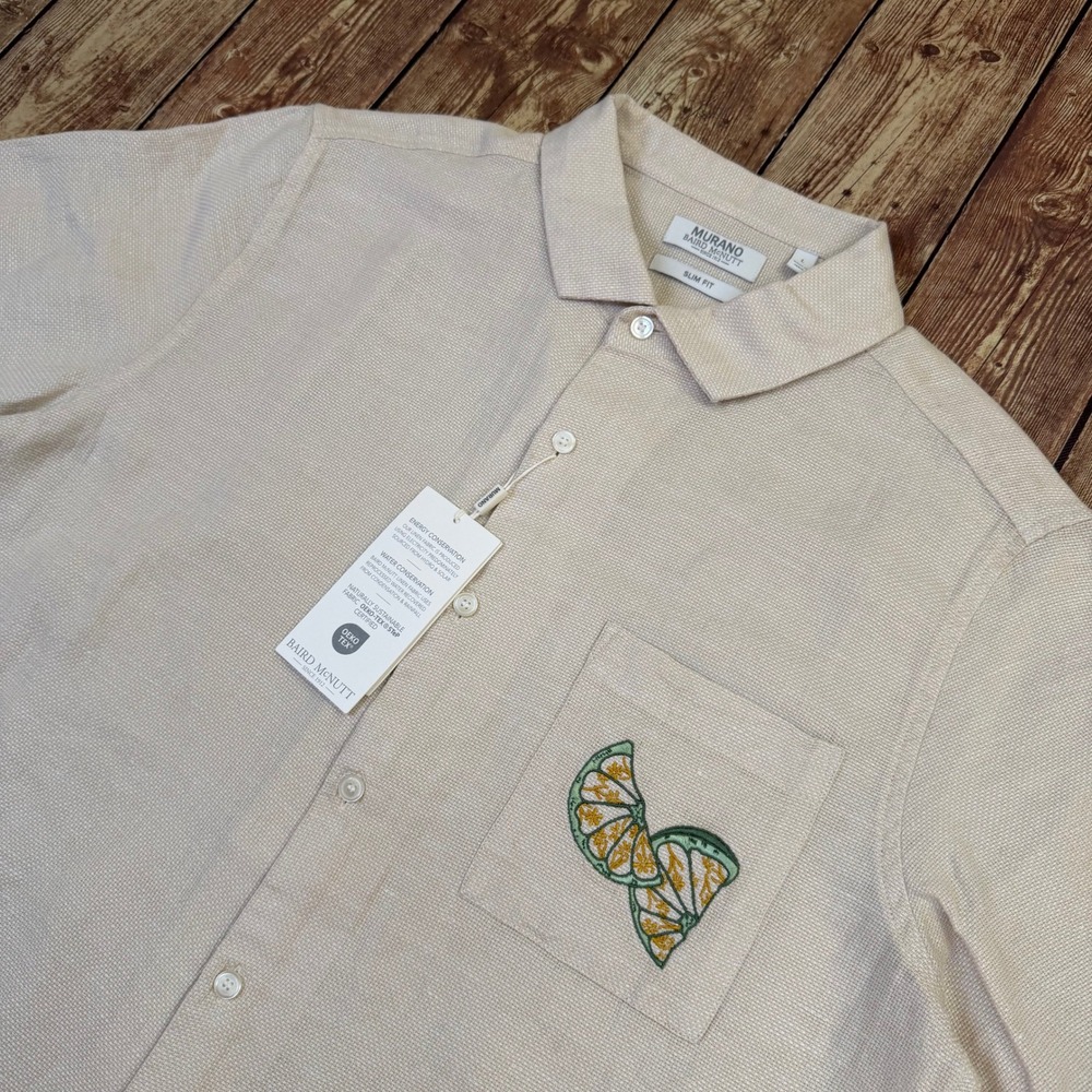 Murano Baird McNutt Button Up Shirt Mens Large Beige Embroidered Slim Fit NWT